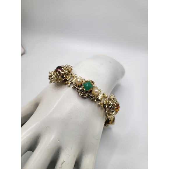 Vintage 1960s Open Work Gold Metal Pearl And Rhinestone  Vintage Gold Tone Openwork Link Bracelet Rhinestones Faux Pearls